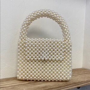 Cream Mini Beaded Handbag with Structured Shape and Short Handle